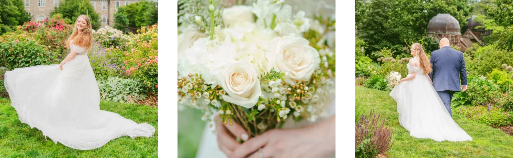 Bride and groom walking through a garden during a Philadelphia, Pennsylvania wedding photographed by Nicole Goss Photography