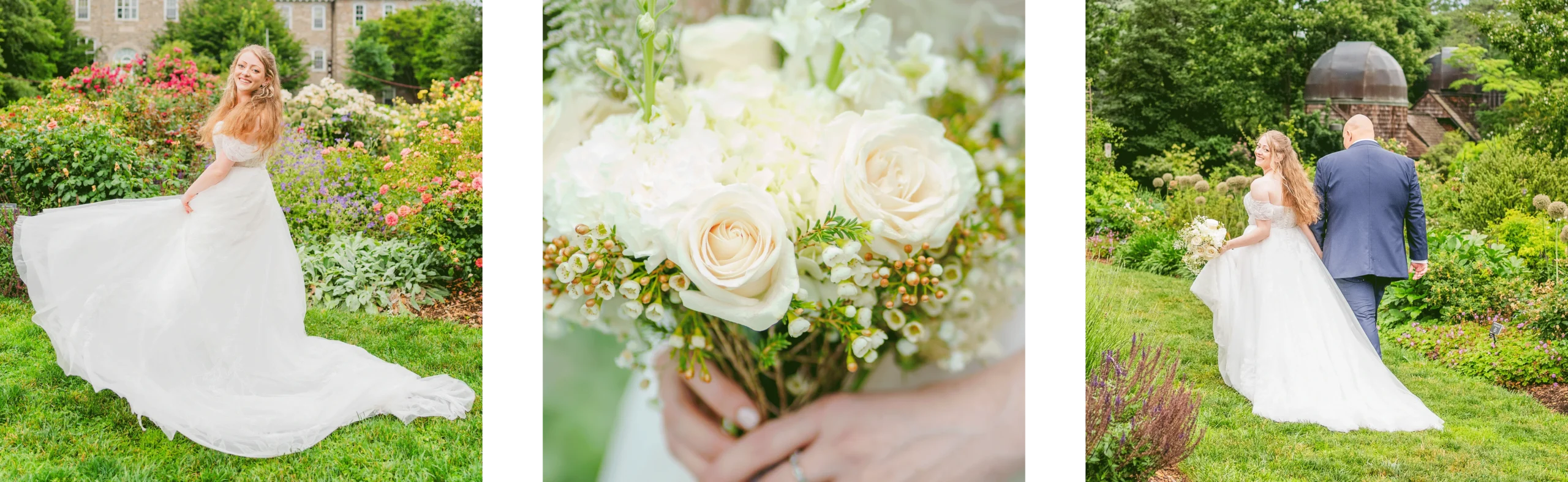 Bride and groom walking through a garden during a Philadelphia, Pennsylvania wedding photographed by Nicole Goss Photography